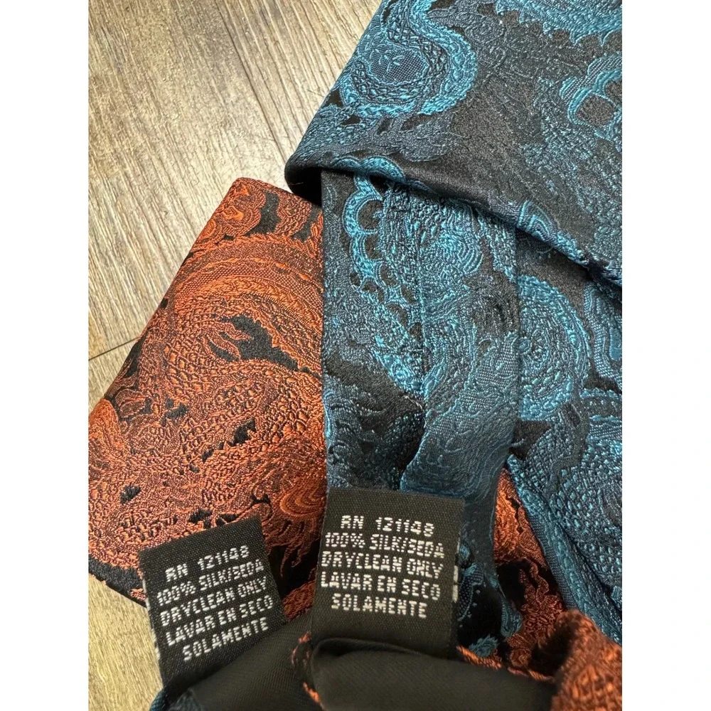 J. Ferrar Dragon Jacquard Necktie‎ Set Teal & Orange Woven Silk-Look Ties 2pc